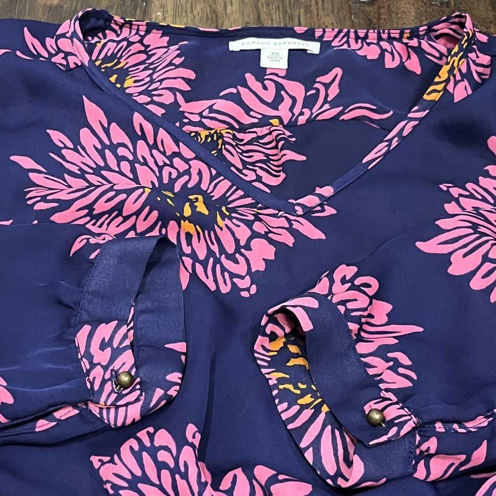 Banana Republic Navy Floral Print Pink Flowers 3/4 Sleeve Drawstring Belt‎ Sz XS